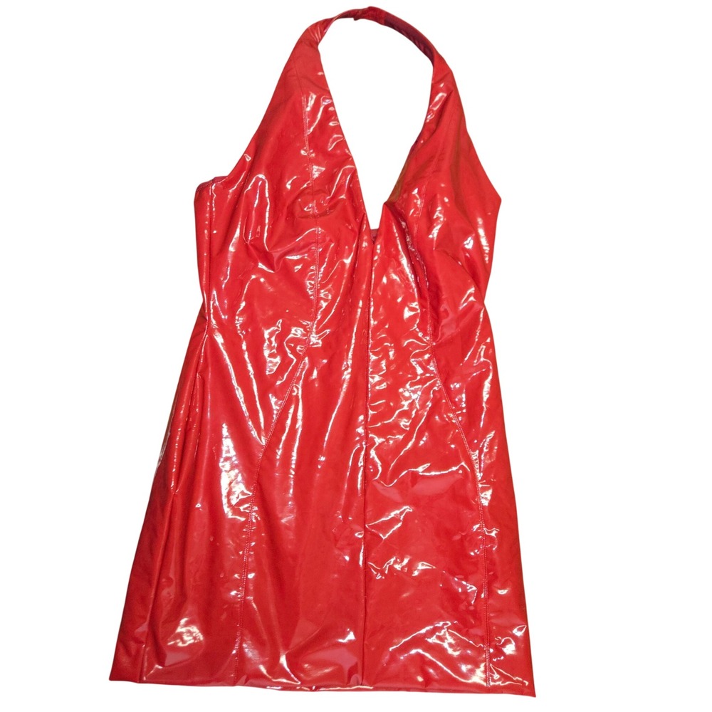 Babyboo Red Latex Look Halter Mini Dress XL Faux Leather Bodycon V-Neck Glossy